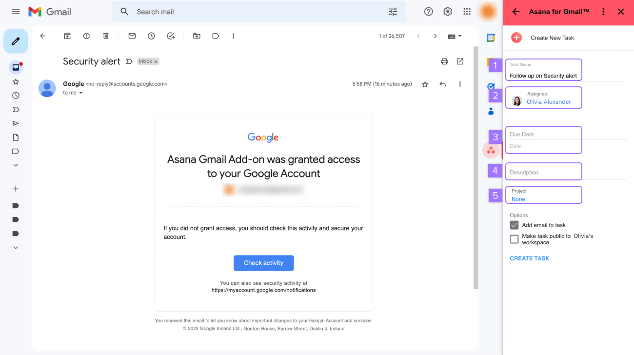 skapa en uppgift med gmail-tillägget