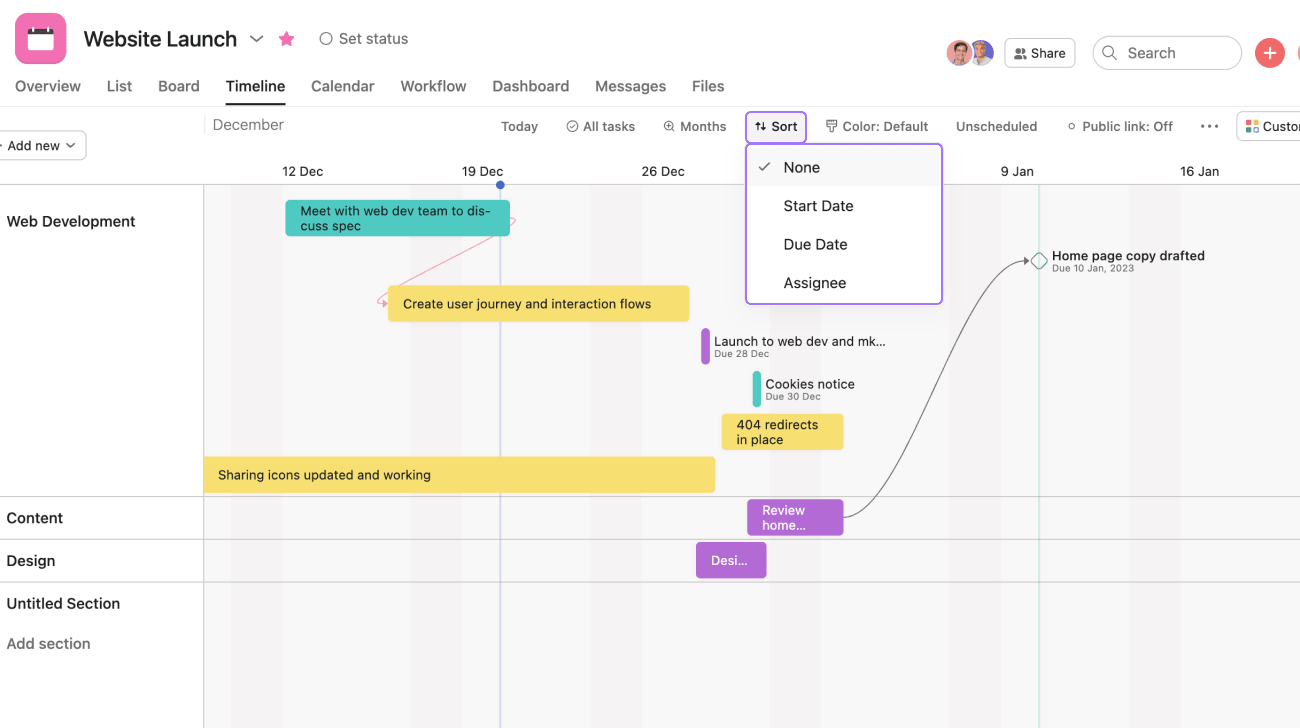 Asana Timeline and Calendar view