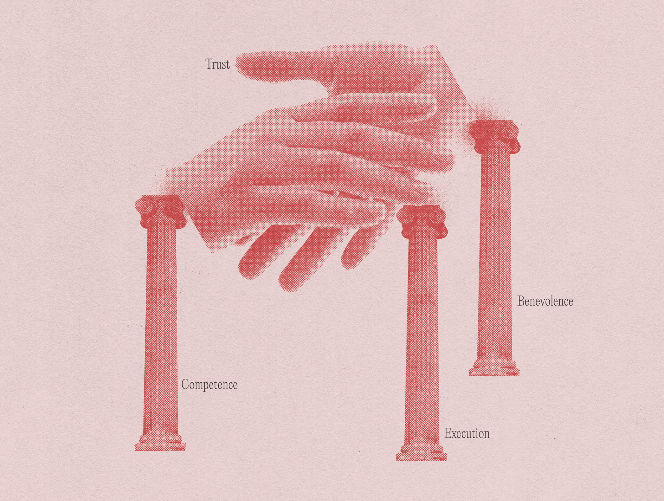 Three Grecian pillars with a handshake floating above them.