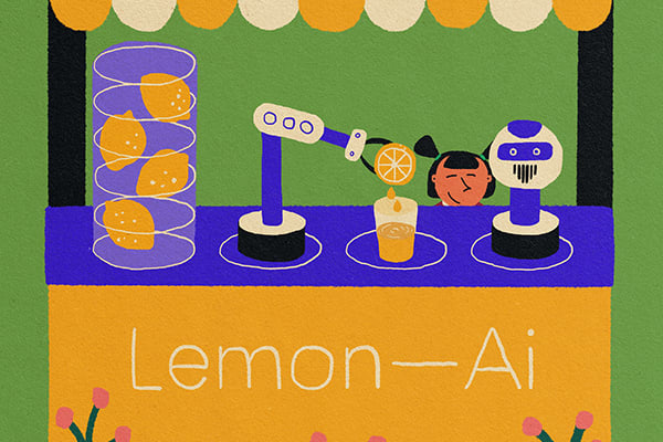 A girl uses a robot to run her lemonade stand.